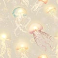 Seamless pattern of glowing jellyfish with ethereal tentacles in a serene underwater setting vector illustration Royalty Free Stock Photo