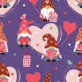 Seamless pattern with gnome girl, love elements