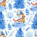 Seamless pattern with gnome playing hockey on ice ring Watercolor hand painted illustration