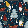 Seamless pattern with gnomes and christmas night - vector illustration, eps Royalty Free Stock Photo