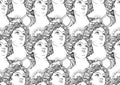 Seamless pattern with goddess portraits of Ancient Greece. High-detailed black outlines isolated on white.