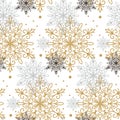 Seamless pattern with gold, black and gray snowflakes isolated on white background. Christmas design. Could be used for gift Royalty Free Stock Photo