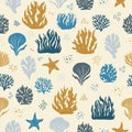 Seamless pattern in gold and blue colors with corals, seaweed and starfish Royalty Free Stock Photo