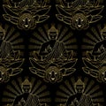 Seamless Pattern of Gold Buddha, Lotus and Tiger