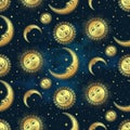 Seamless pattern with gold celestial bodies - moon, sun and stars over blue night sky background. Boho chic fabric print, wrapping