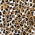 Seamless pattern with gold chain on lepard skin , belt and pearls. illustration