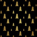Seamless pattern of gold Christmas tree on black background. Vector illustration.