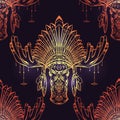 Seamless pattern with gold contour illustration of a moose head with antlers and an Indian cap made of feathers. Roach Chieftain.