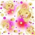 Seamless pattern of gold, coral and purple abstract spots, lines and dots.