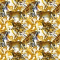 Seamless pattern with Gold damask curls. watercolor leopard and filigree golden ornament illustration