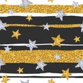 Seamless pattern with gold glittering stars on stripe background. Royalty Free Stock Photo
