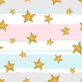 Seamless pattern with gold glittering stars on stripe background. Royalty Free Stock Photo