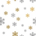 Seamless pattern gold gray Snow Falling on white Background with Merry Christmass. Golden Gray Snowflakes. Background for your