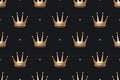 Seamless pattern with gold king crown on a dark black background