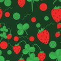 Seamless pattern of green leaves and strawberries 