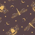 Seamless pattern with gold mystical bees and dragonflies