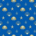 seamless pattern with gold seashells - vector blue background