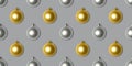 Seamless pattern with gold and silver Christmas decorations on a gray background. Color of the year 2021. Ultimate Grey and Royalty Free Stock Photo