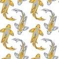 Seamless pattern with gold and silver koi fish carps.