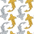 Seamless pattern with gold and silver koi fish carps. Colored background.