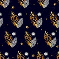 Seamless pattern with gold and silver leaves, precious stones on dark blue background. Vector Royalty Free Stock Photo