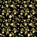 Seamless pattern of gold small flowers like piones on a black background. Embroidery ethnic floral background. line design fashion