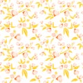 Seamless pattern of gold small flowers like piones on a white background. Embroidery ethnic floral background. line design fashion