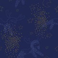 Seamless pattern with gold stars, lines pattern, moons and blue mooses on dark isolated background.