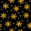 Seamless pattern with gold suns from dots and triangles