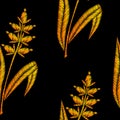 Seamless pattern with gold wheat embroidery stitches imitation o