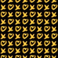 Seamless pattern gold XOXO with hearts on black background. Hugs and kisses abbreviation symbol. Grunge hand written brush