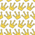 Seamless Pattern. Gold Yellow Contour Crown Icon. King, Queen, Princess Accessory.