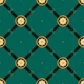 Seamless Pattern of Golden Antique Decorative Motif with Black Belts on Green Background. Royalty Free Stock Photo