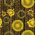 Seamless pattern with golden baroque, greek circle on leopard strips.