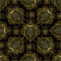 Seamless pattern of golden bugs and Florentine lilies.