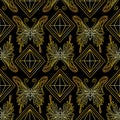 Seamless pattern with golden butterflies and diamonds on a black background. Royalty Free Stock Photo