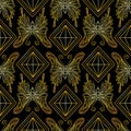 Seamless pattern with golden butterflies and diamonds on a black background. Royalty Free Stock Photo