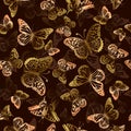 Golden butterflies on a brown background. Seamless pattern. Vector illustration Royalty Free Stock Photo