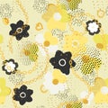 Seamless pattern with golden chains and abstract flowers. Modern texture with jewelry, dots, dashes. Yellow background. Fabric Royalty Free Stock Photo