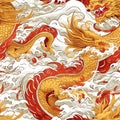 Seamless pattern of golden dragon watercolor in Japanese style. Wrapping paper pattern