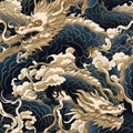 Seamless pattern of golden dragon watercolor in Japanese style. Wrapping paper pattern