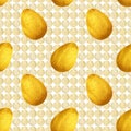 Seamless pattern with golden eggs and white pearly circles on white background