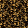 Seamless pattern with golden feathers and olives on black background Royalty Free Stock Photo