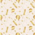 Seamless pattern. Golden flags, balloons, firecrackers and confetti. Vector. Royalty Free Stock Photo