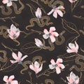 Seamless pattern with golden flowers and snakes on the black background.