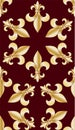Seamless pattern with golden heraldic fleur de lis flowers.