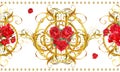 Seamless pattern with golden lace, red roses flower. watercolor Damask dold background