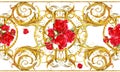 Seamless pattern with golden lace, red roses flower. watercolor Damask dold background