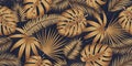 Seamless pattern with golden leaves monsters and tropical plants on a dark background, Exotic botany design collage style, luxury Royalty Free Stock Photo