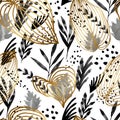 Seamless pattern with golden line art and black watercolor foliage on white